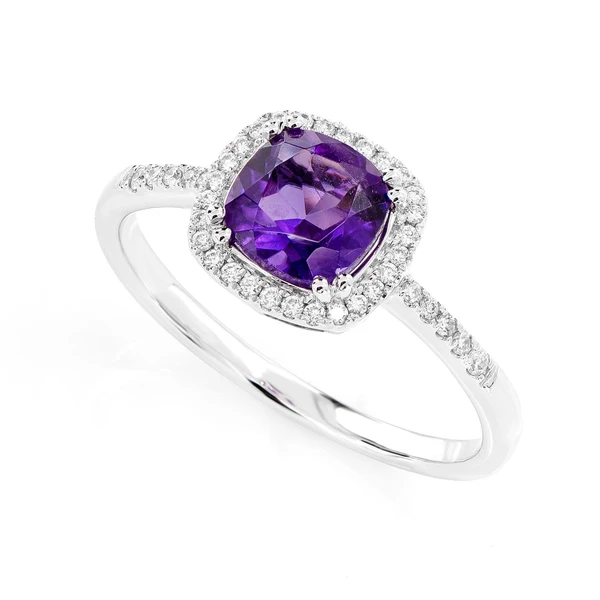 Amethyst Cushion And Diamond Halo Ring 14k Solid Gold 1.00ctw