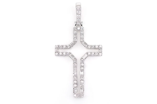 Open Round And Baguette Diamond Cross Pendant 14k Solid Gold 0.50ctw