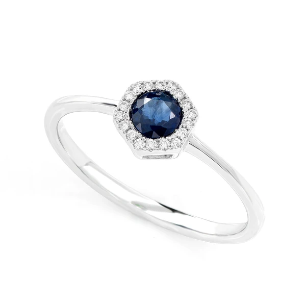 Sapphire And Diamond Halo Hexagon Ring 14k Soild Gold 0.38ctw