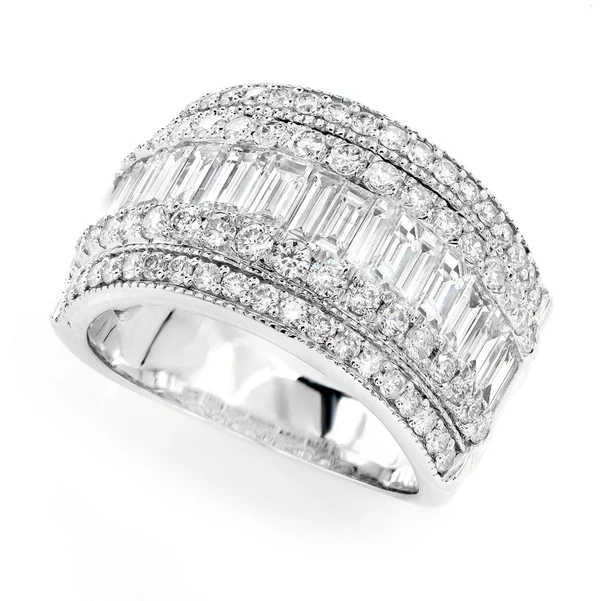 Tapered Baguette And Round Diamond Beaded Border Band Ring 14k Solid Gold 3.10ctw