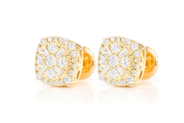Baguette Flower Stud Diamond Earrings 14k Solid Gold 1.00ctw