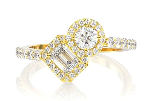 Two Stone Emerald & Round Diamond Ring 14k Solid Gold 1.00ctw 