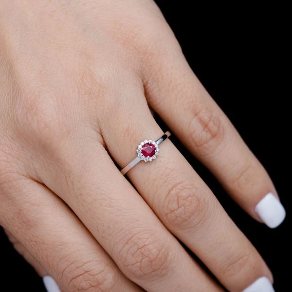 Ruby And Diamond Halo Ring 14k Solid Gold 0.38ctw
