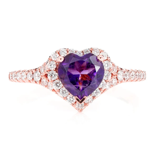 Heart Amethyst And Diamond Halo Ring 14k Solid Gold 1.50ctw