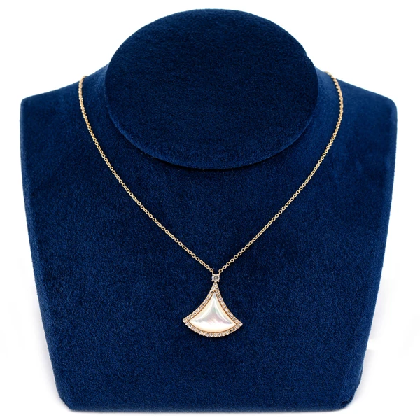 Curved Mother Of Pearl Triangleand Diamond Pendant Attached Necklace 14k Solid Gold 3.00ctw