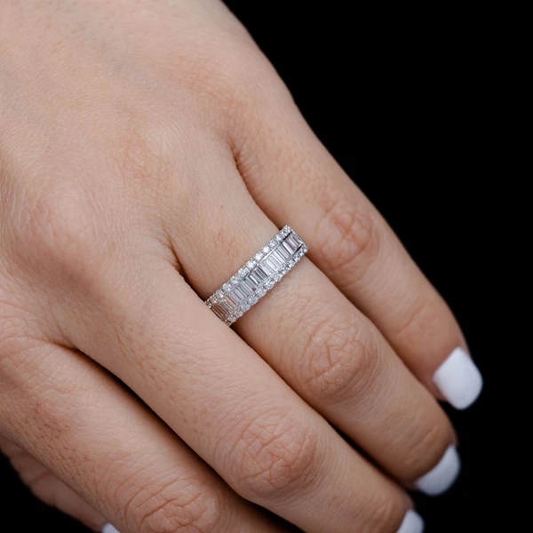 Baguette And Round Diamond Border Band Ring 14k Solid Gold 0.50ctw