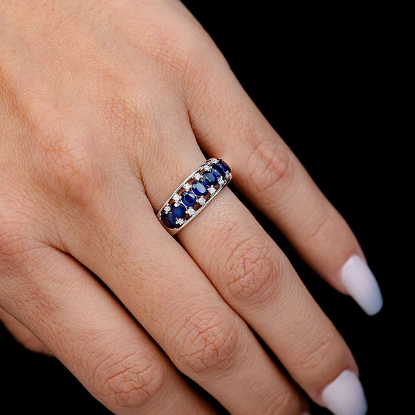 Sapphire & Diamond Open Band Ring 14k Solid Gold 1.50ctw