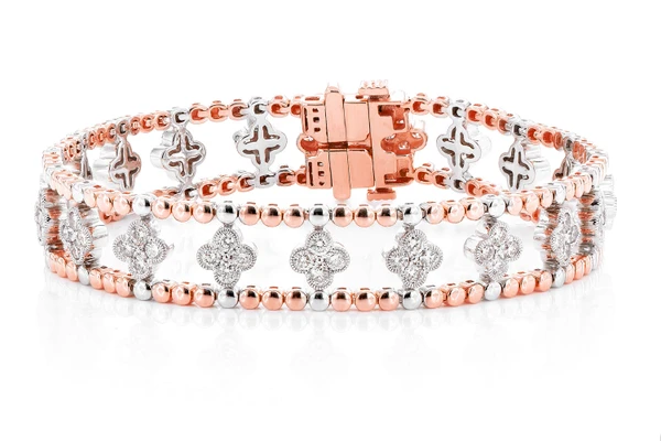 Diamond Beaded Open Clover Flex Bangle Bracelet 2.50ctw 14k Solid Gold 