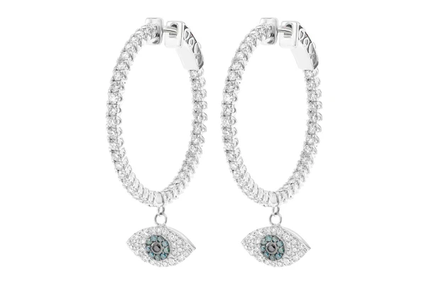 Evil Eye Dangling Diamond Hoops 14k Solid Gold 2.00ctw