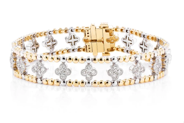 Diamond Beaded Open Clover Flex Bangle Bracelet 2.50ctw 14k Solid Gold 