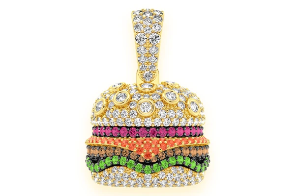 【国内発送】Fast Food Burger Pendant Icebox - Burger Diamond Pendant 14k Solid Gold 1.65ctw