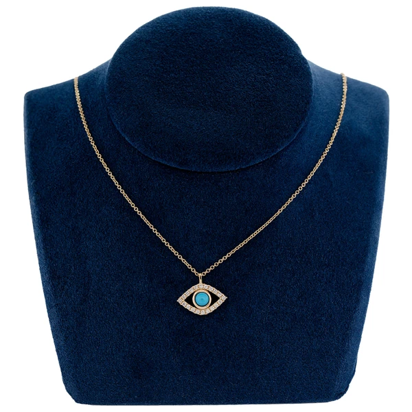 Turquoise And Diamond Evil Eye Pendant Attached Necklace 14k Solid Gold 0.25ctw