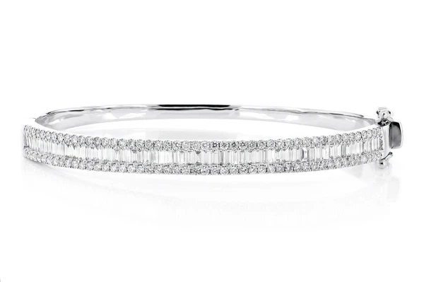 Baguette And Round Diamond Border Bangle Bracelet 14k Solid Gold 2.00ctw