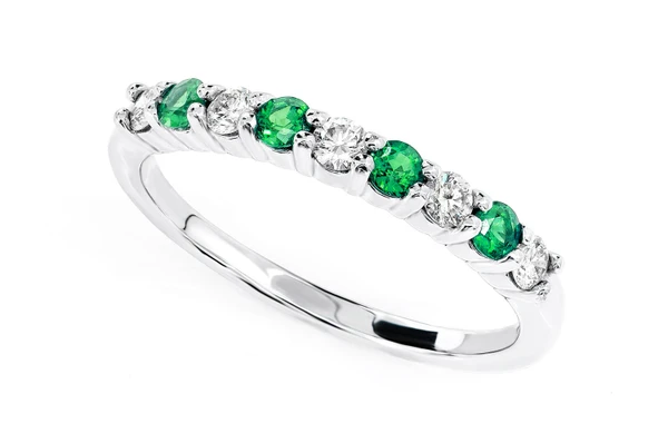 Green Emeralds & Diamond Band Ring 14k Solid Gold 0.65ctw