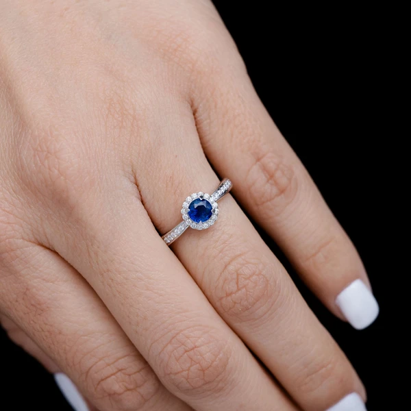 Round Sapphire And Diamond Halo Ring 14k Solid Gold 0.75ctw