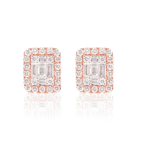 Halo Diamond Baguette Stud Earrings 14k Solid Gold 0.70ctw