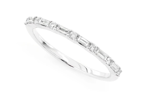 Round Baguette Single Row Diamond Ring 14k Solid Gold 0.10ctw