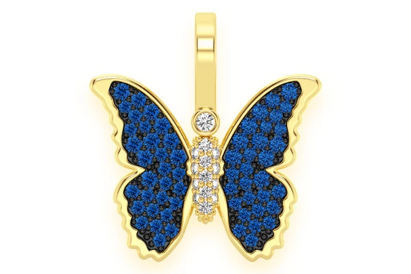 Butterfly Sapphire & Diamond Pendant 14k Solid Gold 0.50ctw