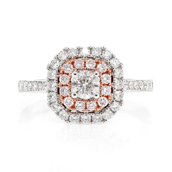 Geometric Double Halo Split Shank Diamond Ring 14k Solid Gold 0.95ctw