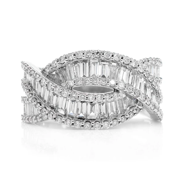 Baguette And Round Diamond Twist Ring 14k Solid Gold 1.65ctw