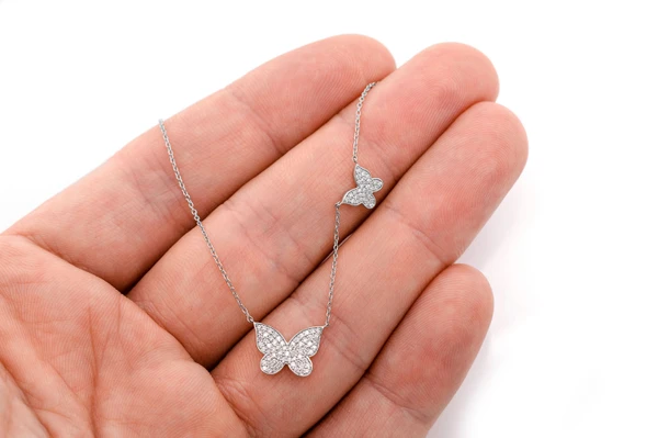 Double Butterfly Diamond Necklace Attached 14k Solid Gold 0.37ctw