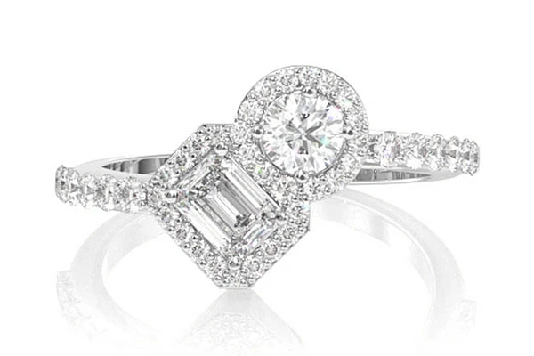 Two Stone Emerald & Round Diamond Ring 14k Solid Gold 1.00ctw 