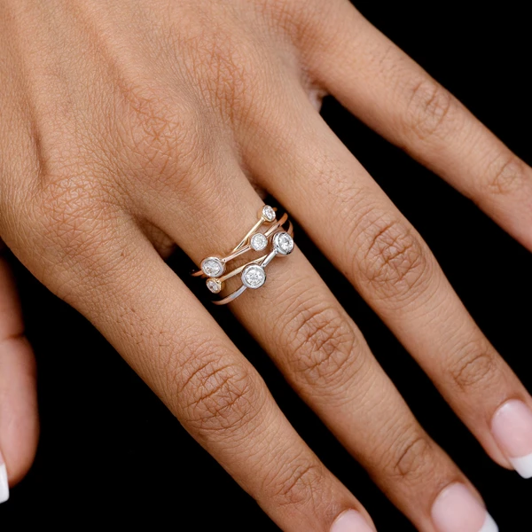 Four Row Tri Tone Scattered Bezel Diamond Band Ring 14k Solid Gold 0.35ctw