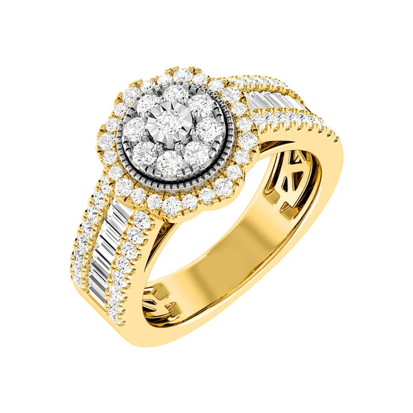 Floral Round And Baguette Diamond Engagement Ring 1.00ctw 14k Solid Gold - All Natural