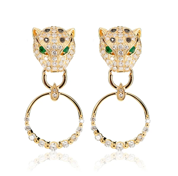 Diamond Leopard Hoop Earrings 14k Solid Gold 1.50ctw