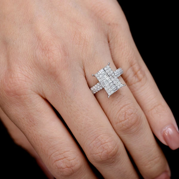 Baguette Cross Cluster Diamond Ring 14k Solid Gold 0.75ctw