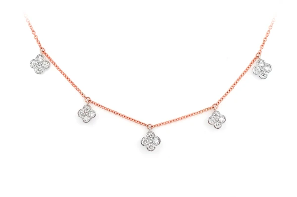 Five Station Milgrain Clover Diamond Dangle Necklace 14k Solid Gold 0.35ctw
