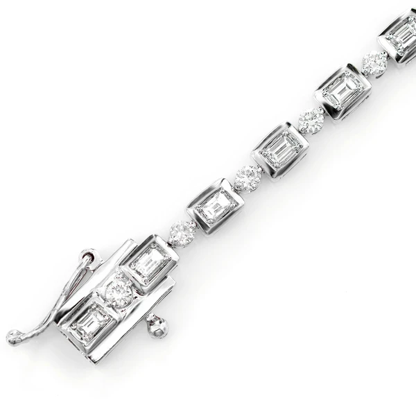 Diamond Baguette And Round Bezel Alternating Link Bracelet 14k Solid Gold 1.20ctw
