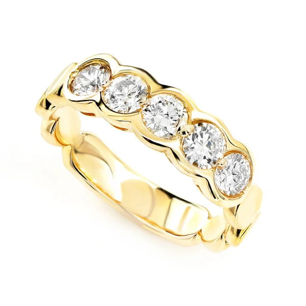 Five Stone Diamond Bezel Scallop Band Ring 14k Solid Gold 1.00ctw 