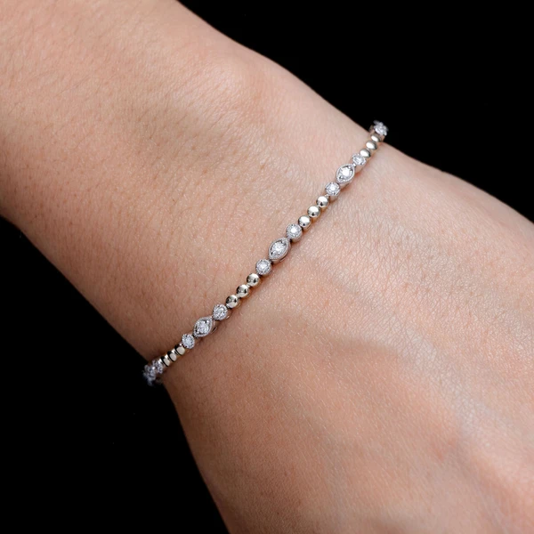 Oval And Round Diamond Bead Bezel Link Bracelet 14k Solid Gold 0.66ctw