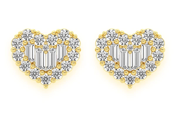 Heart Baguette Stud Earrings Solid Gold 14k .80ctw 