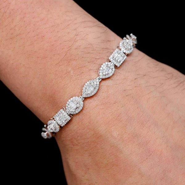Baguette And Round Multi Shape Link Diamond Bracelet 14k Solid Gold 4.00ctw 