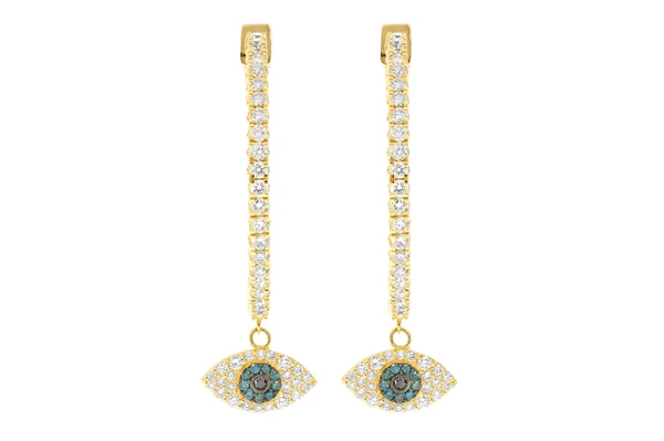 Evil Eye Dangling Diamond Hoops 14k Solid Gold 2.00ctw
