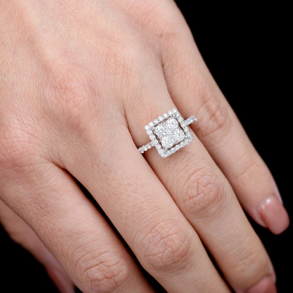 1.15ctw Halo Square Cluster Diamond Engagement Ring - All Natural - 14k Solid Gold