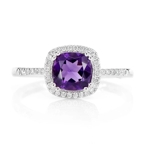 Amethyst Cushion And Diamond Halo Ring 14k Solid Gold 1.00ctw