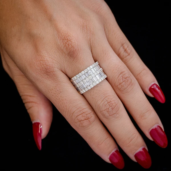 2 Row Baguette & Round Diamond Band Ring 14k Solid Gold 2.65ctw