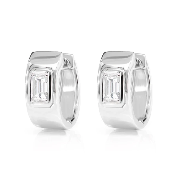 Diamond Solitaire Baguette Framed Huggie Earrings 14k Solid Gold 0.38ctw