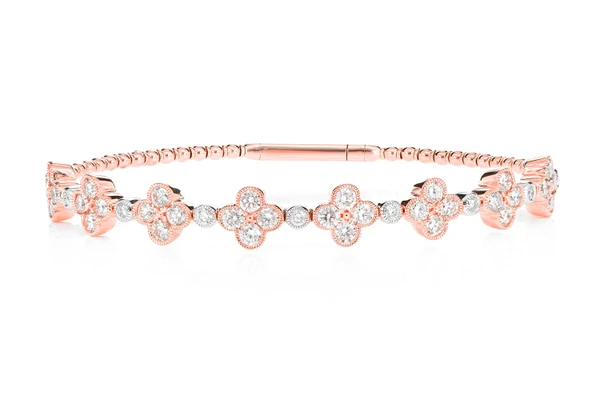 Milgrain Diamond Clover Flex Bangle Bracelet 14k Solid Gold 2.80ctw