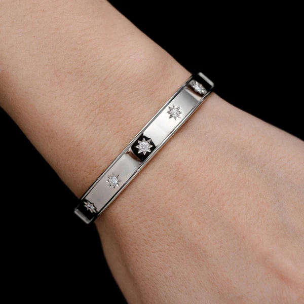 Satin Diamond Star Bangle Bracelet 14k Solid Gold 0.40ctw