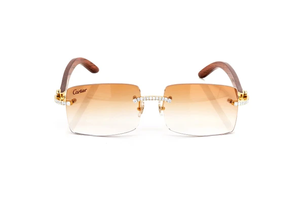 Cartier Glasses Iced Out Diamonds Rimless Wood - Brown Fade - 3.00ctw - Yellow Gold