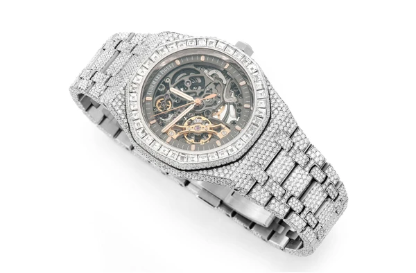 Custom Audemars Piguet Royal Oak Skeleton Steel - 25.00ctw Fully Iced Out