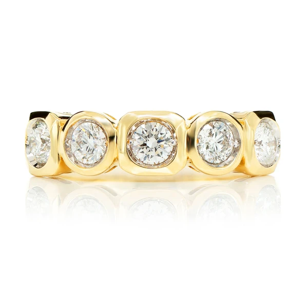 Five Stone Round And Square Bezel Set Band Ring 14k Solid Gold 0.95ctw 