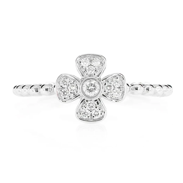 Beaded Diamond Bezel Flower Ring 14k Solid Gold 0.10ctw