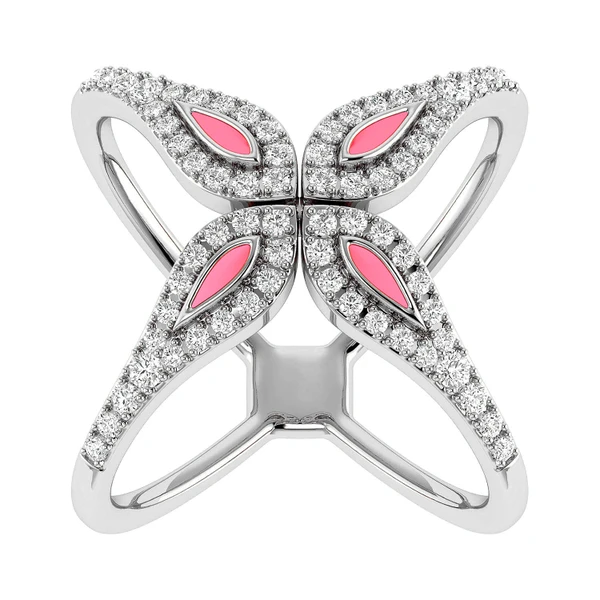 0.35ctw Criss-Cross Pink Enamel Diamond Ring - All Natural - 14k Solid Gold