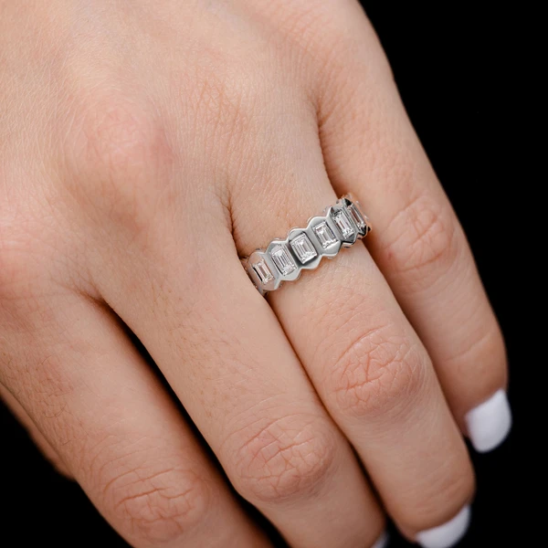 Nine Stone Baguette Bezel Set Diamond Band Ring 14k Solid Gold 0.55ctw