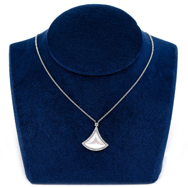 Curved Mother Of Pearl Triangleand Diamond Pendant Attached Necklace 14k Solid Gold 3.00ctw